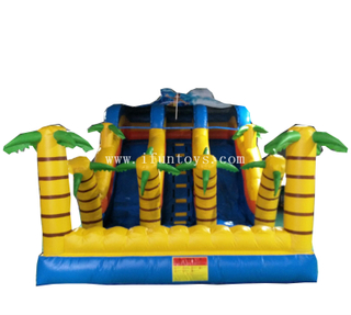 Outdoor inflatable palm tree beach slide/ inflatable twin drop dry slide /inflatable tropical bouncy castle combo slide for kids