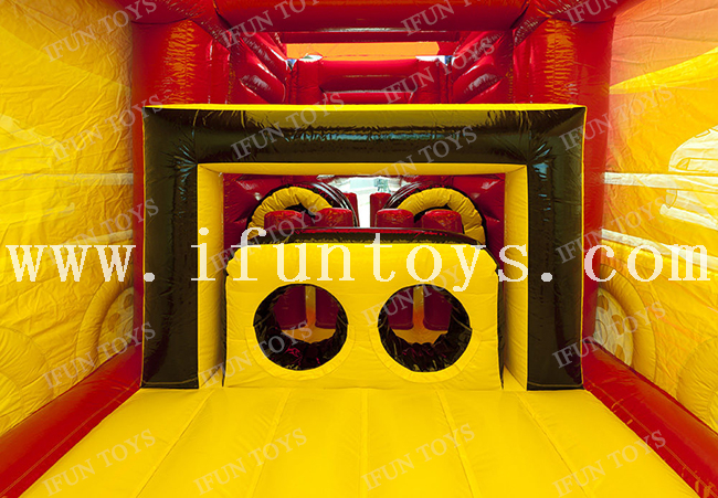 14m long Inflatable Fire Truck Obstacle Course / Inflatble Truck Bounce House Obstacle Run Race Challenge Sport Game 