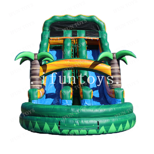 Commercial Grade 18ft Marble Green Palm Tree Inflatable Tropical Water Slide with Air Blower for Home Used for Kids And Adults