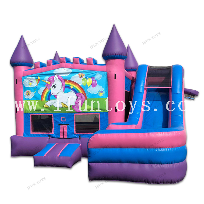 Outdoor Inflatable Unicorn Moonwalk with Slide / Bouncer Slide Combo / Jumping Bouncy with Basketball Hoop for Kids 
