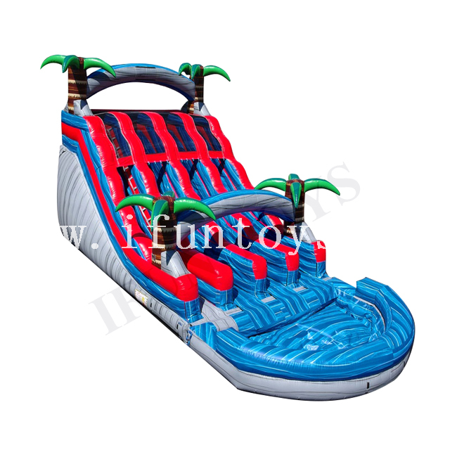 Commercial Amusement Triple Lane Slide Inflatable Palm Tree Water Slide with Pool for Sale