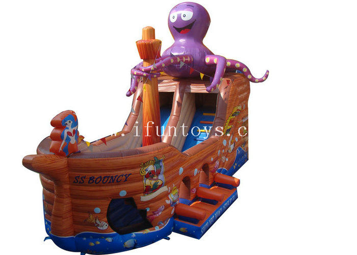 Brown Octopus Inflatable Obstacle Course Ship Inflatable Obstacle With Slide for kids game