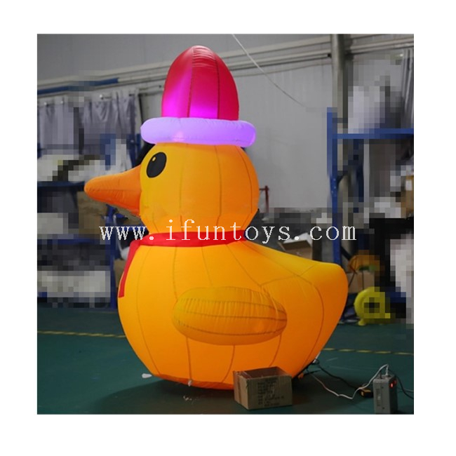 2m Tall Inflatable Yellow Duck for Christmas / LED Light Inflatable Rubber Duck with Christmas Hat